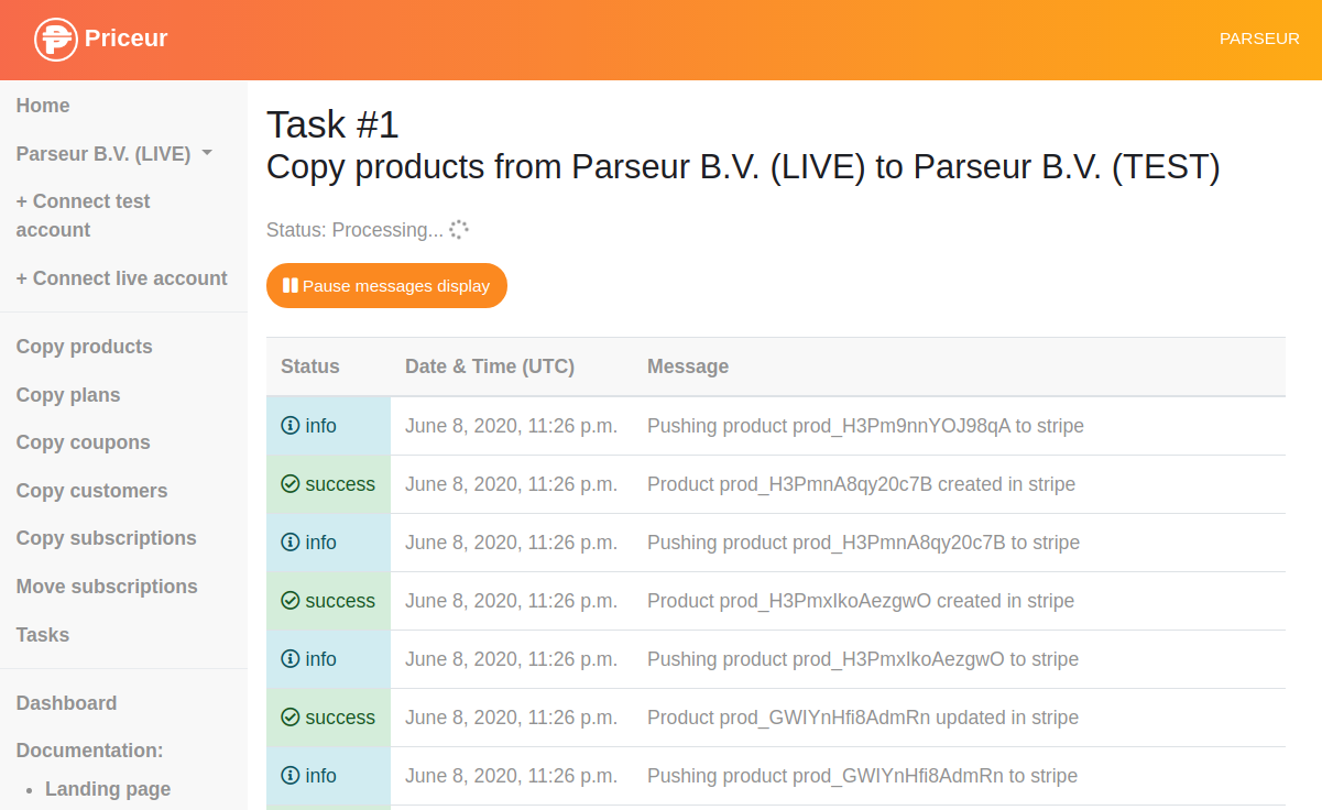 Copy Stripe products long-running task